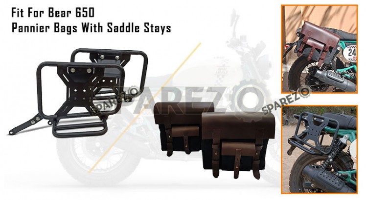 For Royal Enfield Bear 650 Canvas and Leather Pannier Bags With Saddle Stays Black - SPAREZO